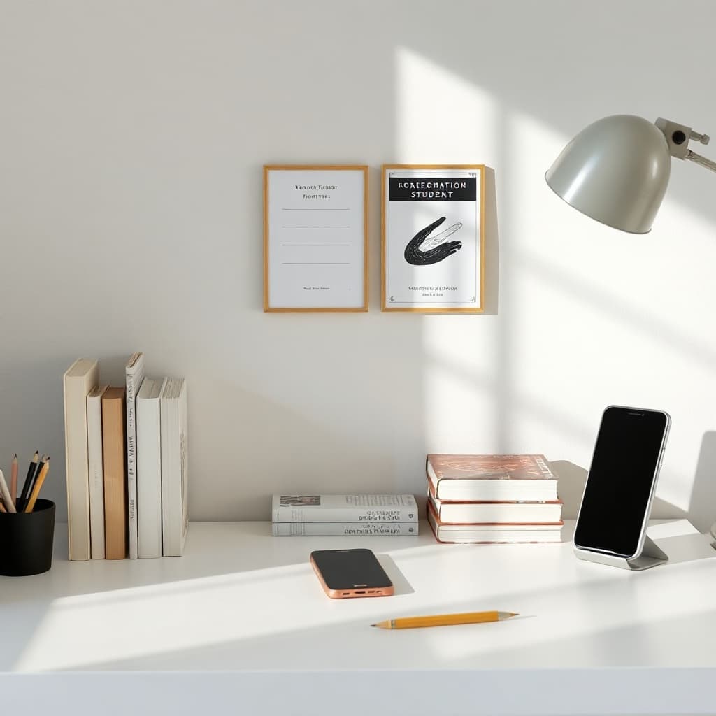 A quiet desk with books, a lamp, and a phone ready to study